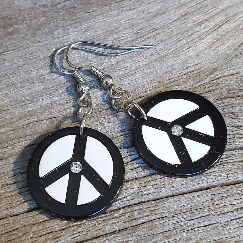 Vintage Y2K White Black Lucite Austrian Crystal Round Peace Sign Earrings